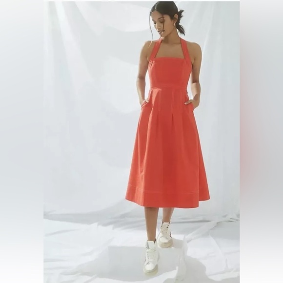 Anthropologie Dresses & Skirts - Anthropologie Maeve Alessandra Square Neck Cross-Back Zip Midi Dress Pockets 14